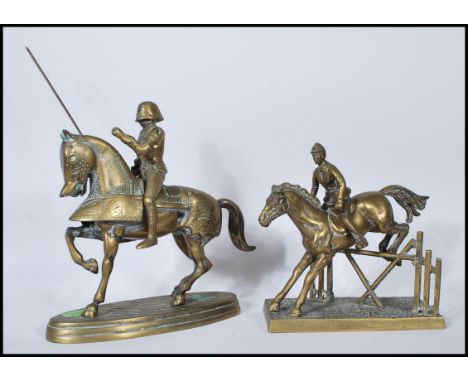 Two vintage 20th Century brass cast sculptural figurines of horses and riders, the first of a Jousting Knight and the other o