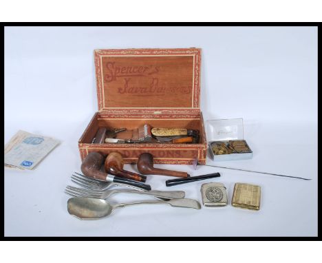 A dealers lot to include smoking pipes, vintage lighters to include Imco Triplex, trench lighter, silver plate vesta and silv