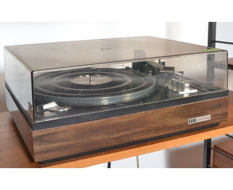 A vintage teak cased Elac Miracord turntable record deck, teak body with smoked perspex lid.