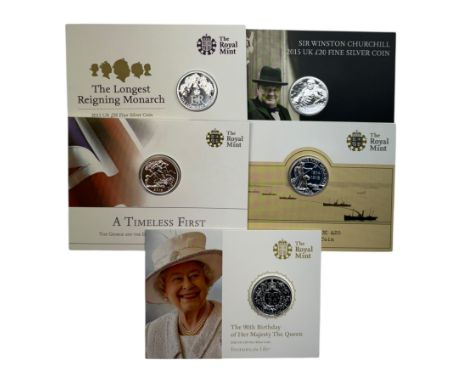 Five The Royal Mint United Kingdom fine silver twenty pound coins, dated 2013 'A Timeless First', 2014 'Outbreak', 2015 'The 