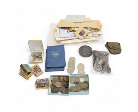 Stamps and coins, including pre-decimal coinage, George III 1797 cartwheel pennies,  French and other world coins, stamps on 