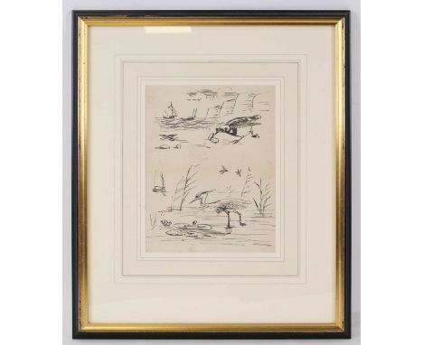 Attributed to Arthur Henry Patterson, (1857-1935), Oystercatcher and heron, pen and ink sketch, 22 x 17cm.