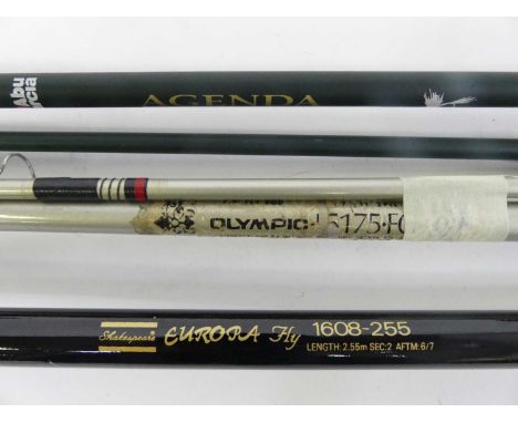 A collection of fly fishing equipment to include a Abu Garcia Agenda 9' 6-7 two piece, Olympic 5175.FG two piece rod, Shakesp