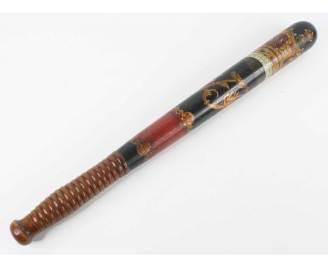 A Victorian police truncheon, polychrome painted hardwood with shaped and turned ring handle, painted black with red, green, 