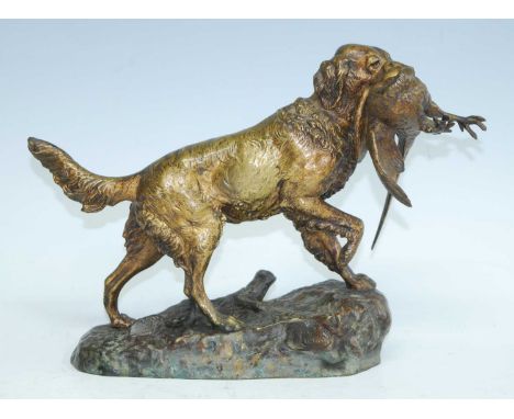 Emile Desire Lienard, (French c1842-1890), Epagneul au Gibier (Spaniel in Game), gilt bronze model, signed to the base, h.22c