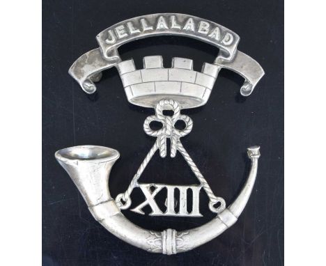 A large unmarked white metal badge for the 13th Regiment of Foot Somerset Light infantry, 12.5 x 10.5cm, together with a Boss