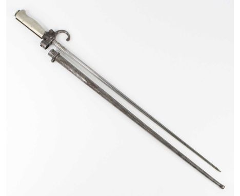 A French model 1886 Lebel bayonet, having a 52cm cruciform blade, hooked quillon and nickel grip, housed in a steel scabbard,