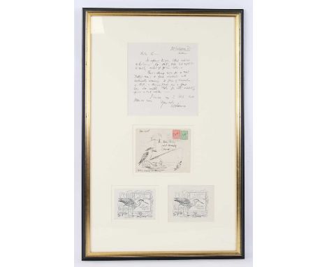 Arthur Henry Patterson, (1857-1935), A.S.L. mounted with the envelope with pen and ink sketch depicting a seagull with fishin