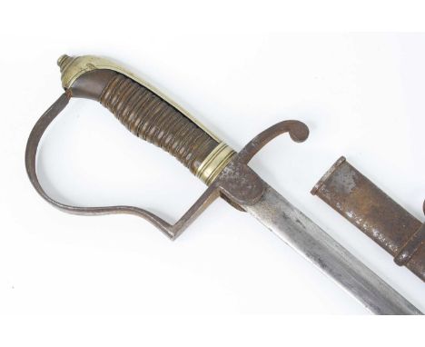 A 19th century Prussian sword, having an unmarked 80cm fullered blade with a steel stirrup hilt and wire bound wooden grip, h