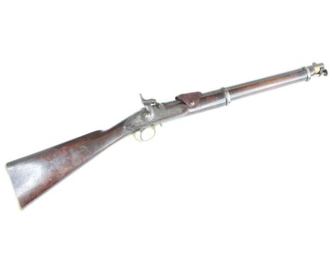 A 19th century two band percussion Cavalry carbine, having a 54cm barrel, the folding ladder sight with leather cover, number