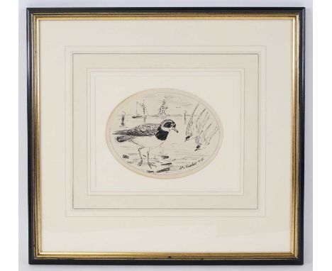 John Knowlittle, (Arthur Henry Patterson 1857-1935), Oystercatcher and Terns before a barge and windmill, pen and ink sketch,