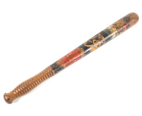 A Victorian Metropolitan Police truncheon by Parker Field of Holborn, polychrome painted hardwood with shaped and turned ring