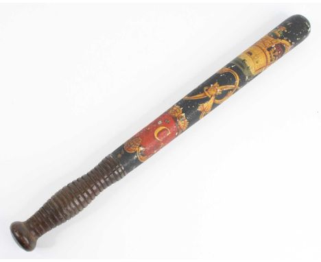 A Victorian Special Constables truncheon, polychrome painted hardwood with shaped and turned ring handle, painted black with 