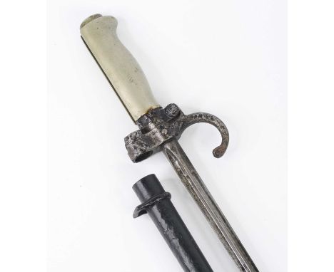 A French model 1886 Lebel bayonet, having a 52cm cruciform blade, hooked quillon and nickel grip, housed in a steel scabbard,