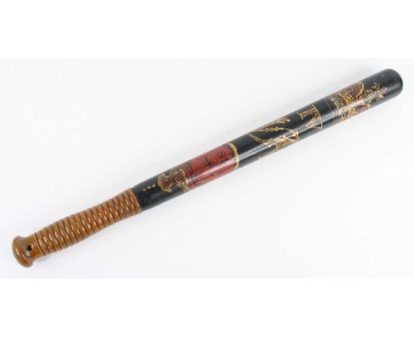 A William IV Special Constables truncheon by Parker of Holborn, polychrome painted hardwood with shaped and turned ring handl