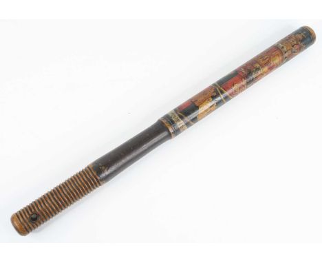 A George IV City of Exeter constable or night watchman's truncheon, polychrome painted hardwood with shaped and turned ring h