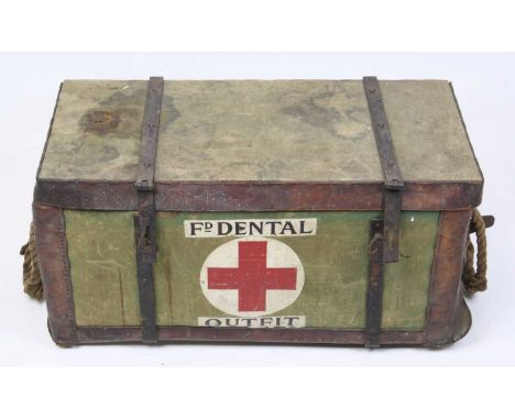A WW II Airborne Forces medical drop trunk, of canvas covered wicker construction with leather bound edges and two steel band
