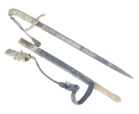 A Victorian Royal Navy Officers Dirk, the 45cm blade with some blueing and gilt engraving etched with a crowned VR cypher, th