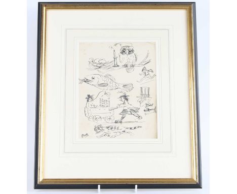 Attributed to Arthur Henry Patterson, (1857-1935), Owl with candle, fish, cat and mouse etc., humorous pen and ink sketch, 22