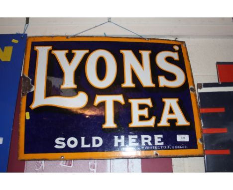 A "Lyons Tea Sold Here" enamel advertising sign, 24" x 18" approx.