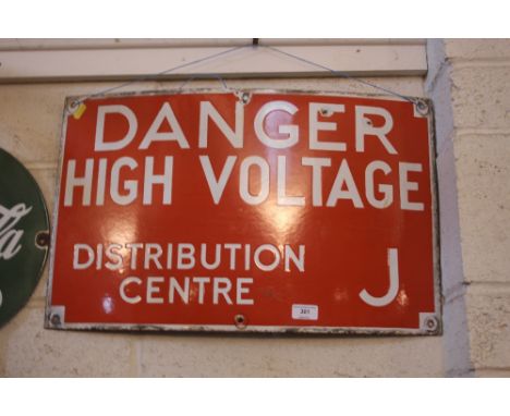 A "Danger High Voltage Distribution Centre J" enamel sign, 23" x 15" approx.