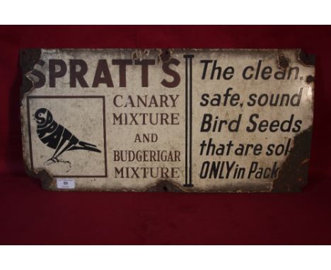 A "Spratts Canary Mixture and Budgerigar Mixture" enamel sign, 24" x 12" approx.