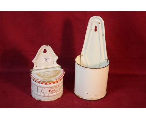 Two enamel wall hanging kitchen utensil holders