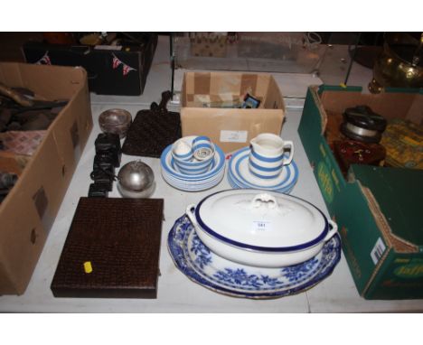 A quantity of T G Green blue and white dinnerware; blue and white tureen; a set of fish knives and forks; graduated set of sc