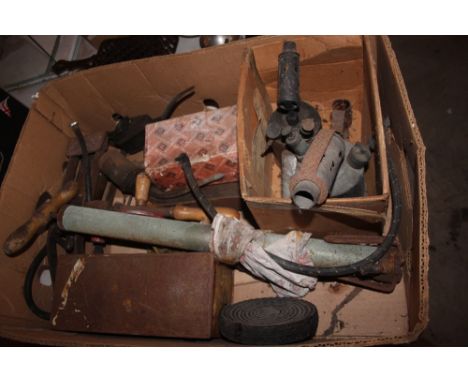 A box containing blow lamps, tools etc.