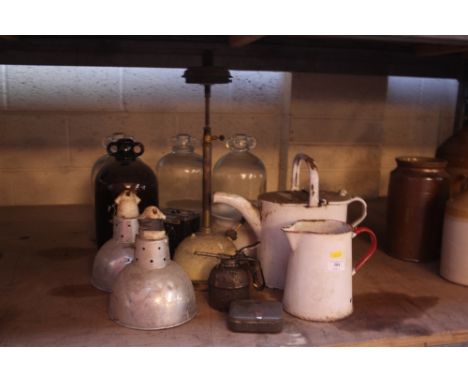 Four glass demi-johns; enamel watering can; enamel jug; small oil can; various lights etc. 