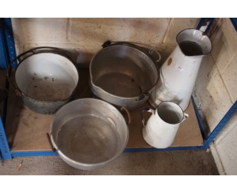 Two enamel jugs; a cast iron cooking pan and two aluminium jam pans