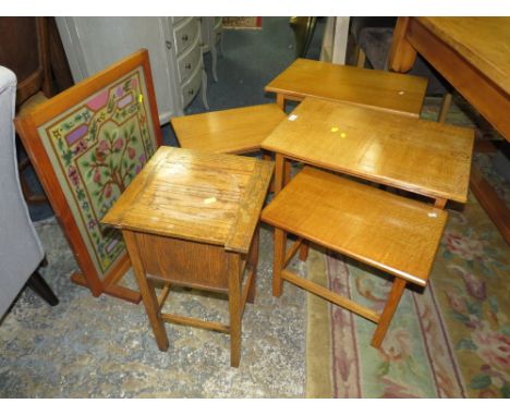 AN OAK FIRESCREEN, FOUR OAK TABLES AND SEWING BOX (6)