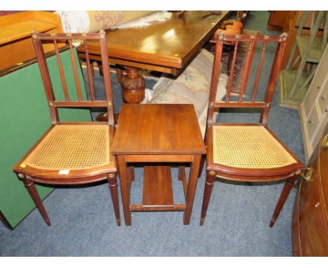 TWO EMPIRE STYLE BERGERE CHAIRS, CARD TABLE, BOOKCASE AND AN OAK TABLE (5)