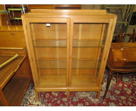 A LIGHT OAK CHINA CABINET TOGETHER WITH A BUREAU/CABINET (2)