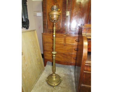 A VICTORIAN BRASS LAMP STANDARD WITH COPPER RESERVOIR, SHADE-FUNNEL