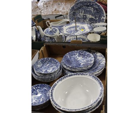 TWO TRAYS OF MYOTT 'THE HUNTER' BLUE AND WHITE TEA AND DINNERWARE TOGETHER WITH OTHER BLUE AND WHITE EXAMPLES