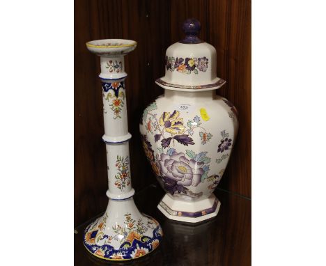 A LARGE MASONS AMETHYST LIDDED TEMPLE JAR TOGETHER WITH A FAIENCE CANDLESTICK