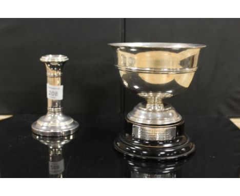 A HALLMARKED SILVER CANDLESTICK TOGETHER WITH A SMALL TROPHY BOWL ON STAND (2)