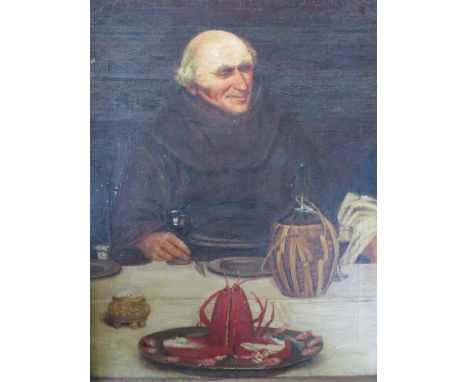 (XIX). British school, study of a monk at a dining table, unsigned, oil on canvas, framed, 41 x 31 cm