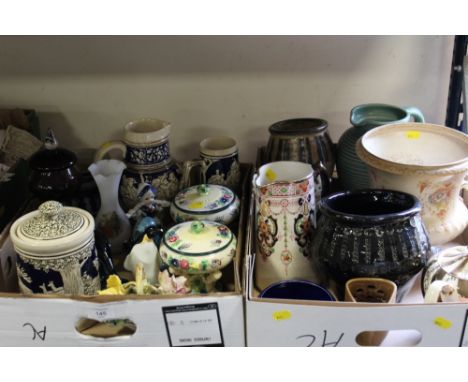 TWO TRAYS OF ASSORTED CERAMICS TO INCLUDE STONEWARE JUGS AND VASES, POOLE SEALS AND DOLPHINS ETC