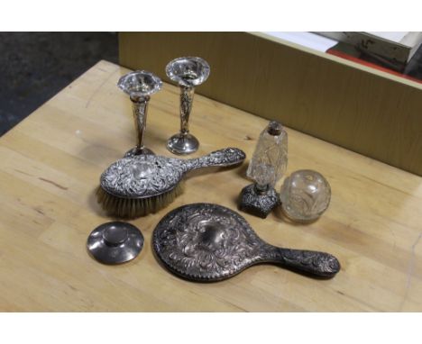 A SELECTION OF HALLMARKED SILVER DRESSING TABLE ITEMS ETC TO INCLUDE A PAIR OF VASES - ALL A/F