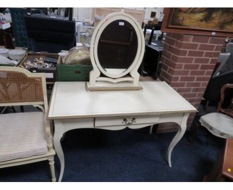 A CREAM PAINTED MODERN DRESSING TABLE WITH OVAL MIRROR W-122 CM