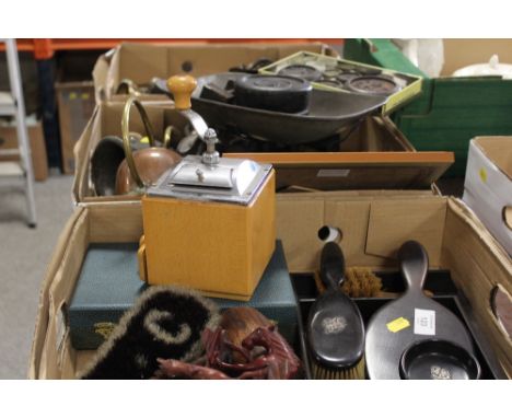 THREE TRAYS OF ASSORTED COLLECTABLES ETC TO INC ART NOUVEAU COPPER CRUMB TRAY, SCALES AND WEIGHTS, DUTCH COFFEE GRINDER ETC