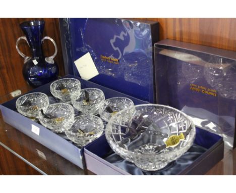 A BOXED WEBB CORBETT LEAD CRYSTAL BOWL TOGETHER WITH A BOXED WEBB CORBETT SIX BOWL SET AND A GLASS VASE