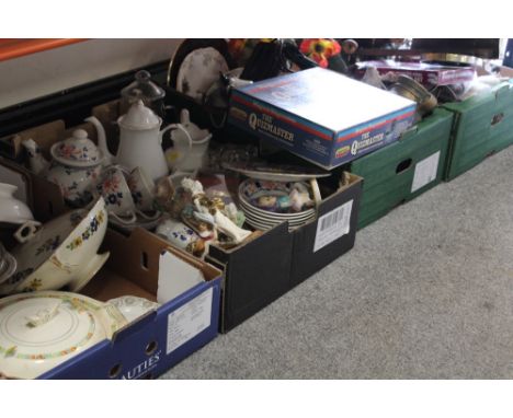 FOUR TRAYS OF ASSORTED CERAMICS AND SUNDRIES TO INCLUDE A CERAMIC SHIRE HORSE WITH CART