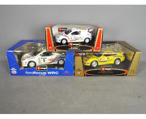 Bburago - A group of 3 x boxed cars, # 3395 Porsche GT3 Cup in 1:18 scale, # 3328 Ford Focus WRC in 1:18 scale, # 1526 Ford F