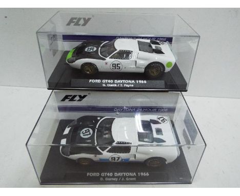 FLY - 2 x Slot Cars in 1:32 scale. # A2013 and # A2021.  Both models are Ford GT40's. Daytona 24 hour 1966 cars, numbered 95 