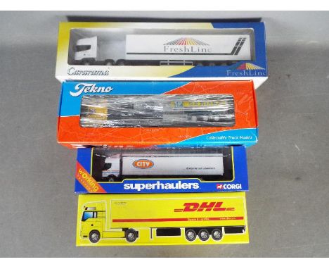 Tekno - Cararama - Corgi - 4 x boxed trucks in various scales including Tekno Scania tanker in 1:50 scale, Cararama Scania bo