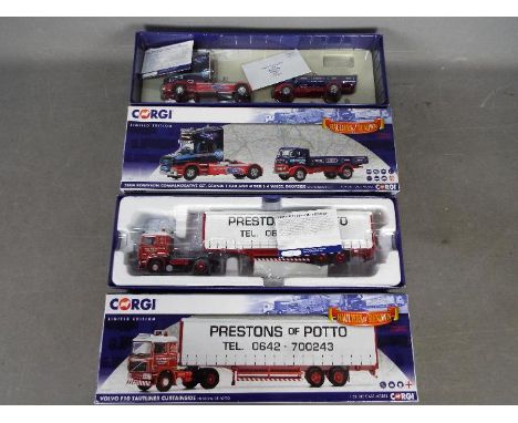 Corgi - 2 x boxed limited edition trucks in 1:50 scale, # CC15502 Volvo F10 curtainside in Prestons Of Potto livery number 73