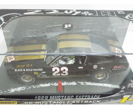 Pioneer - Slot Car in 1:32 Scale - Ref. P004. '68 Mustang Fastback. Appears mint in presentation case, with storage wear to o